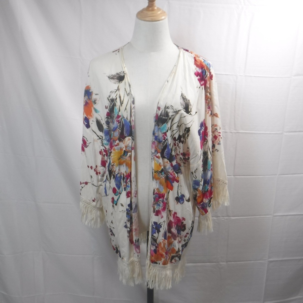 Umgee Womens Floral Fringe Kimono Cardigan Cream Multi Color Boho Style J2862‎ S